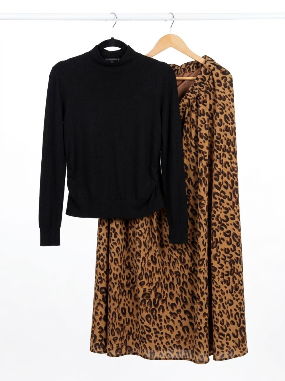 SHEIN Black Mock Neck Sweater with Brown Leopard Print Skirt, size XL